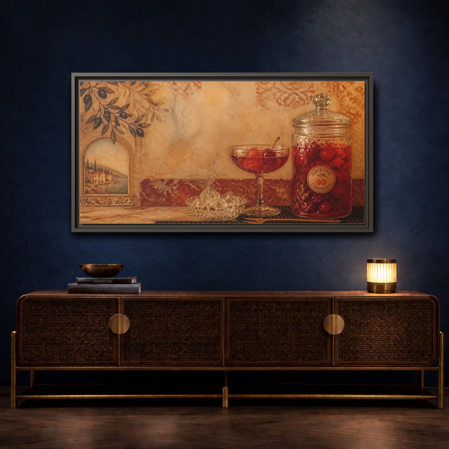 Mockup 4. Mediterranean Cherry Jar shown as framed canvas print