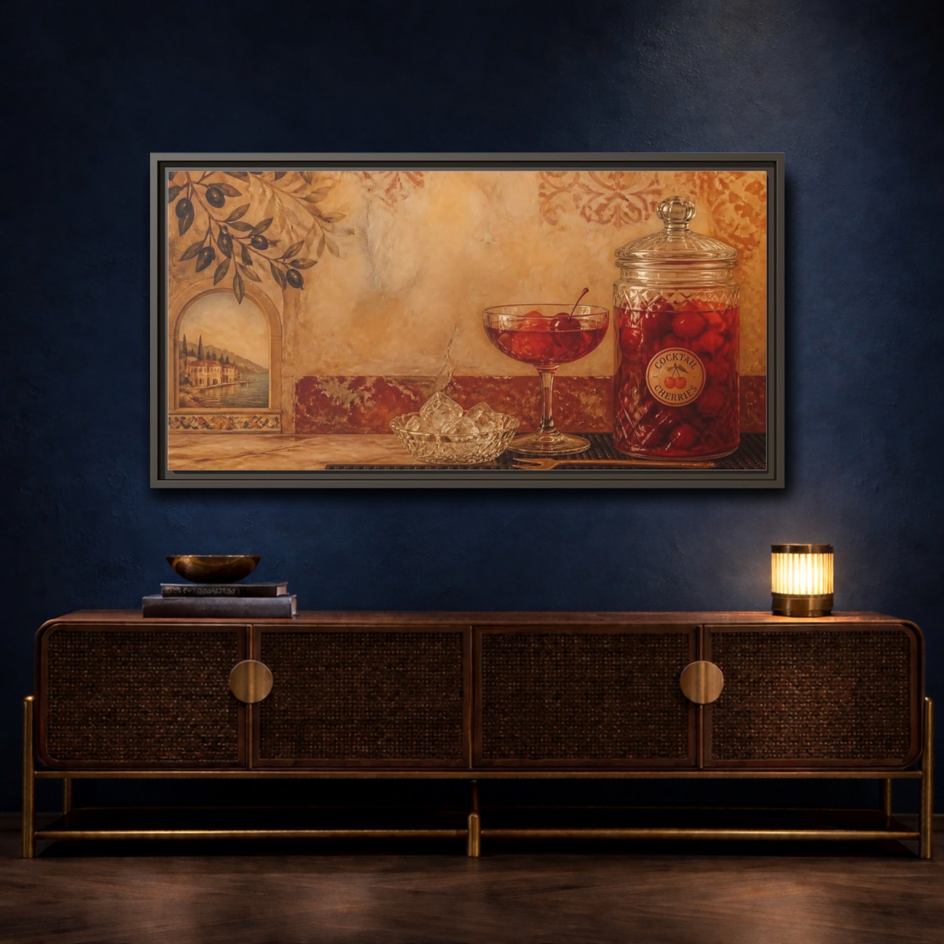 Mockup 4. Mediterranean Cherry Jar shown as framed canvas print