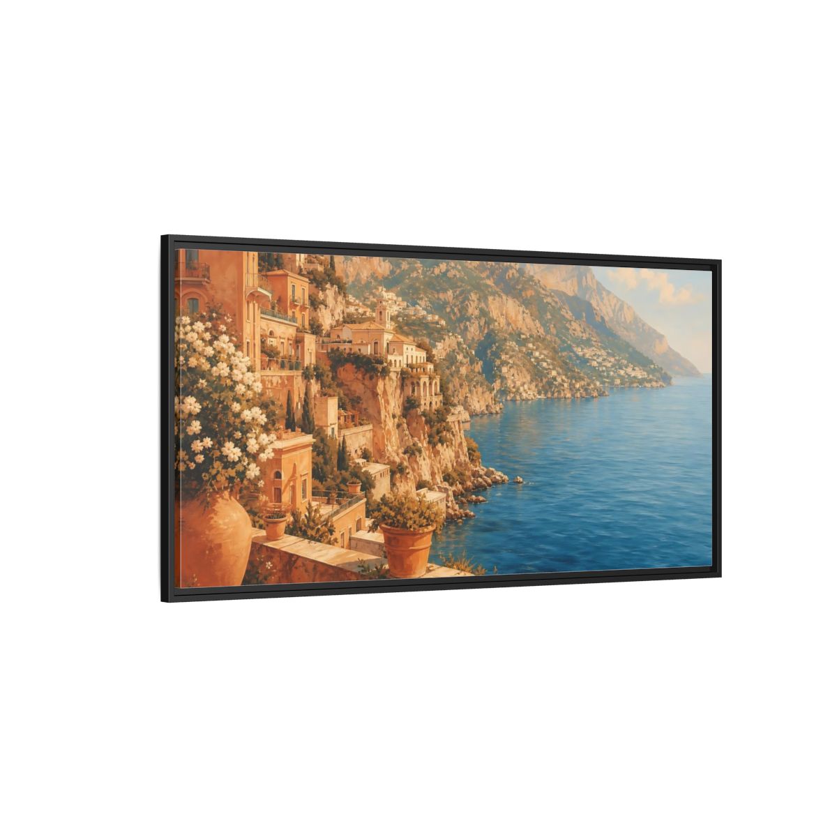 Side Mockup 5. Mediterranean Cliffside Villa shown as framed canvas print
