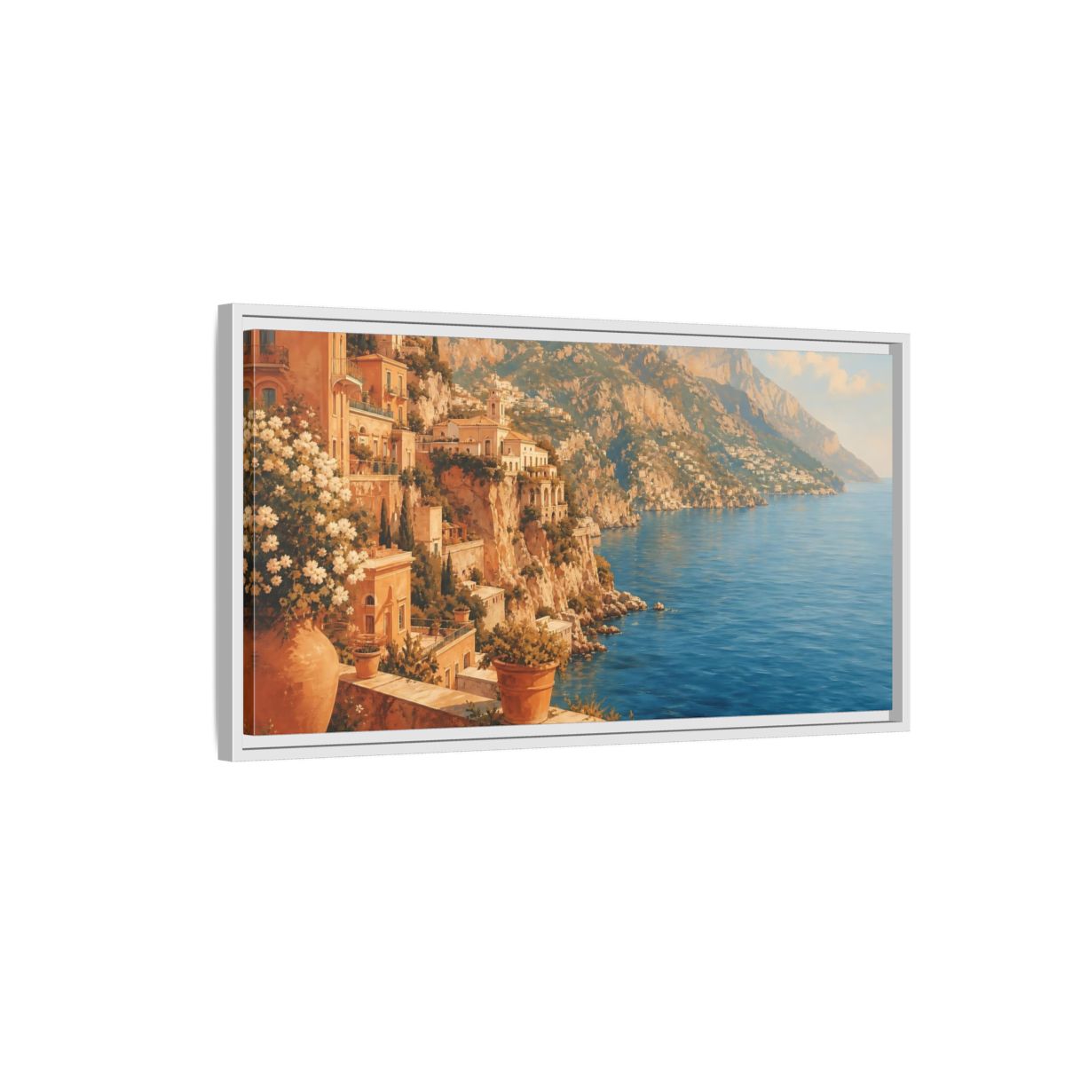 Side Mockup 1. Mediterranean Cliffside Villa shown as framed canvas print
