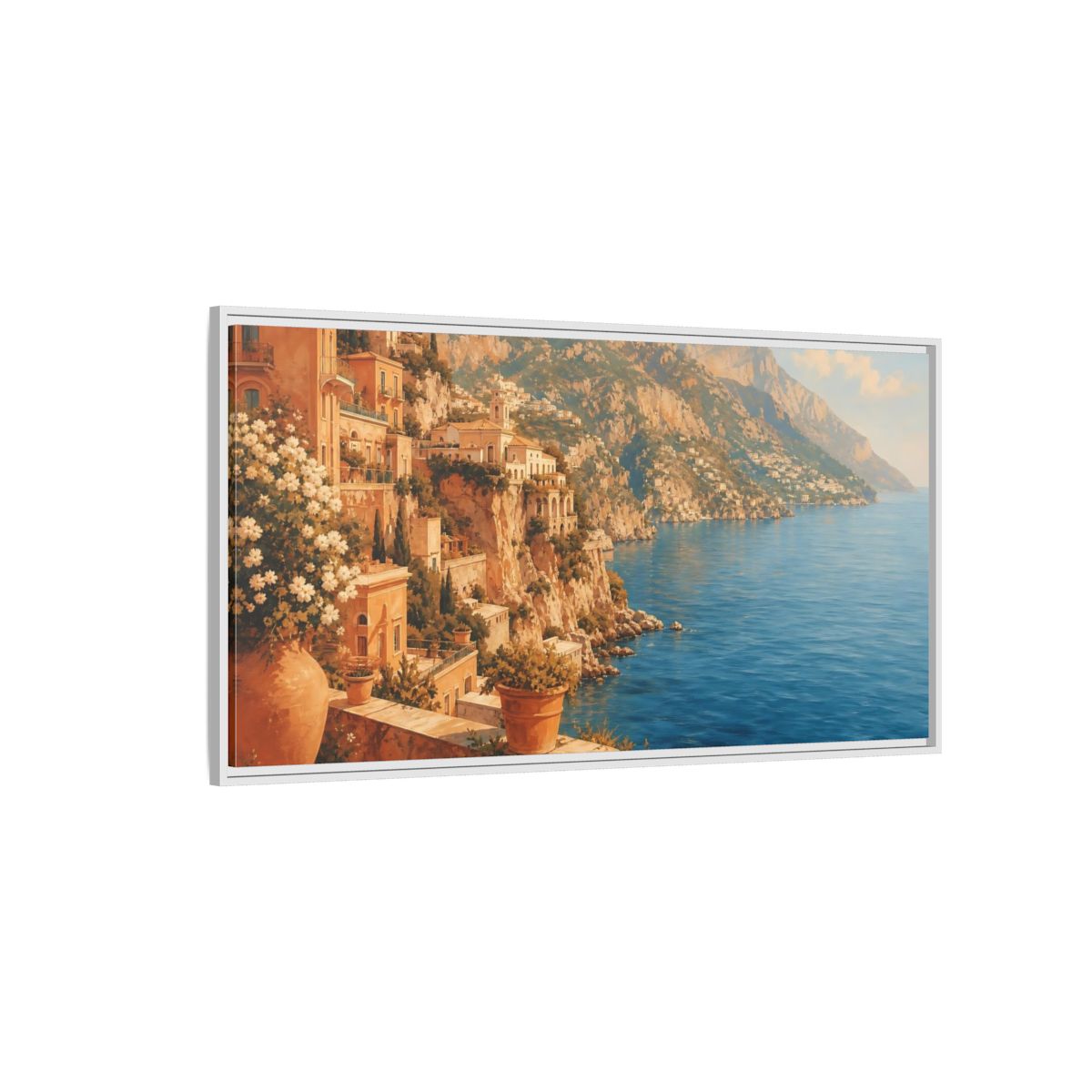 Side Mockup 3. Mediterranean Cliffside Villa shown as framed canvas print