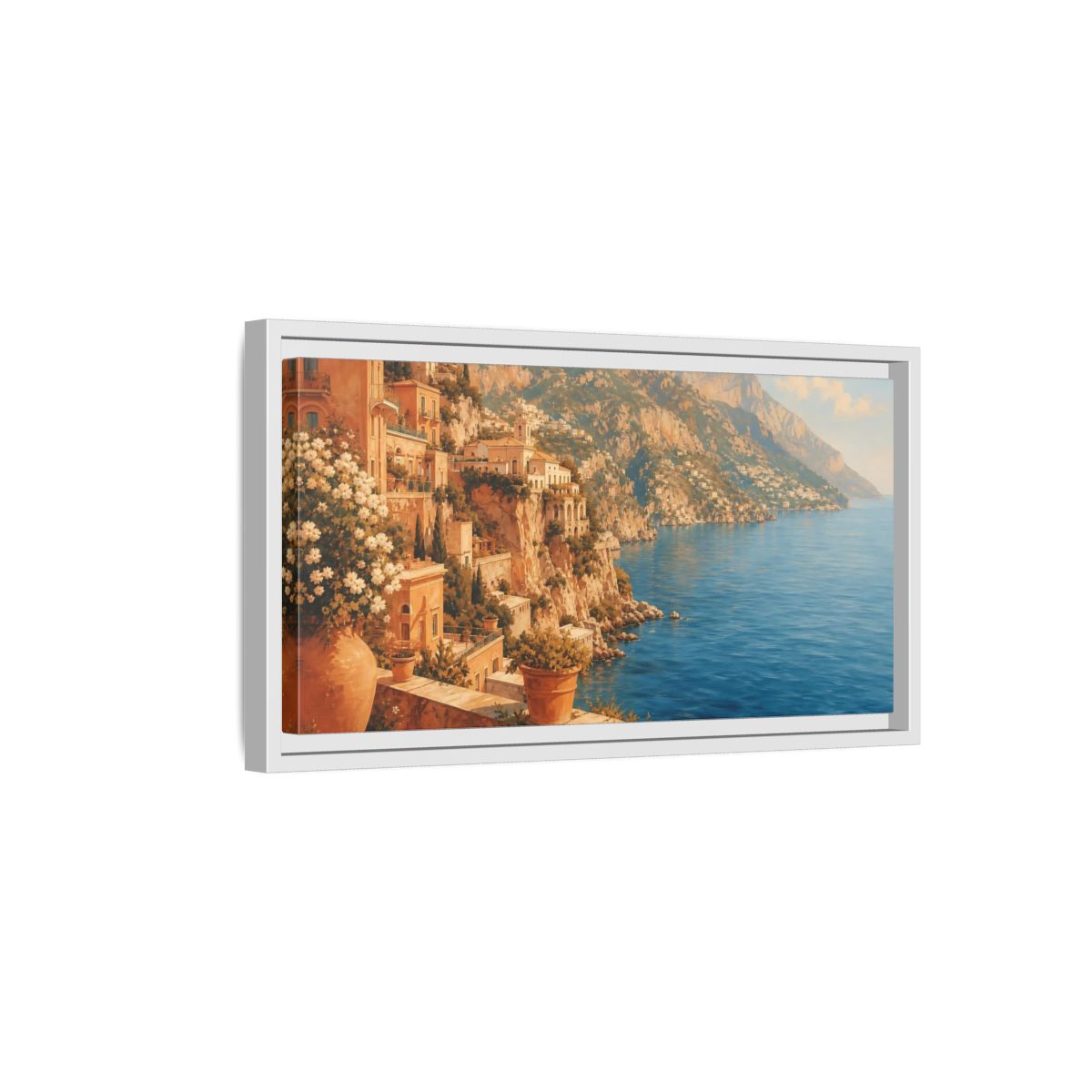 Side Mockup 6. Mediterranean Cliffside Villa shown as framed canvas print