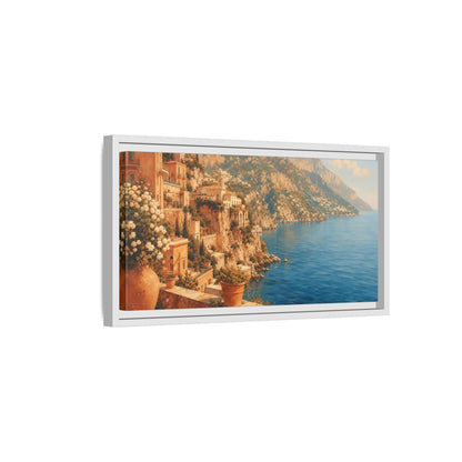 Side Mockup 6. Mediterranean Cliffside Villa shown as framed canvas print