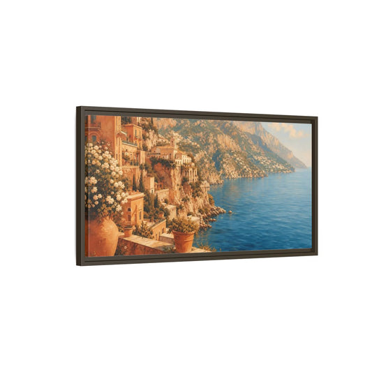 Main Mockup. Mediterranean Cliffside Villa shown as framed canvas print