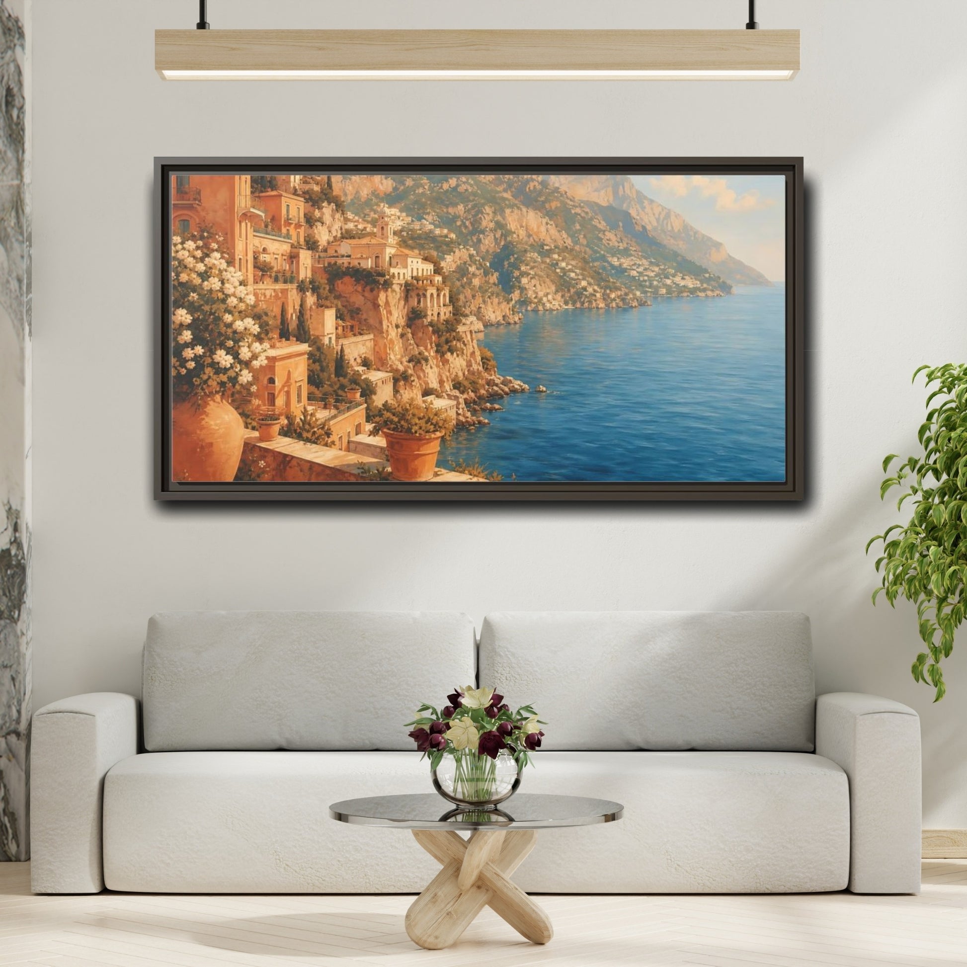 Mockup 2. Mediterranean Cliffside Villa shown as framed canvas print