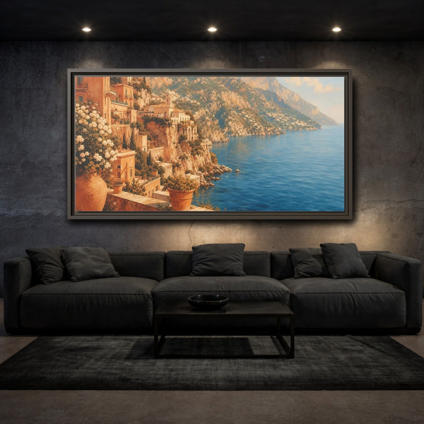Mockup 3. Mediterranean Cliffside Villa shown as framed canvas print