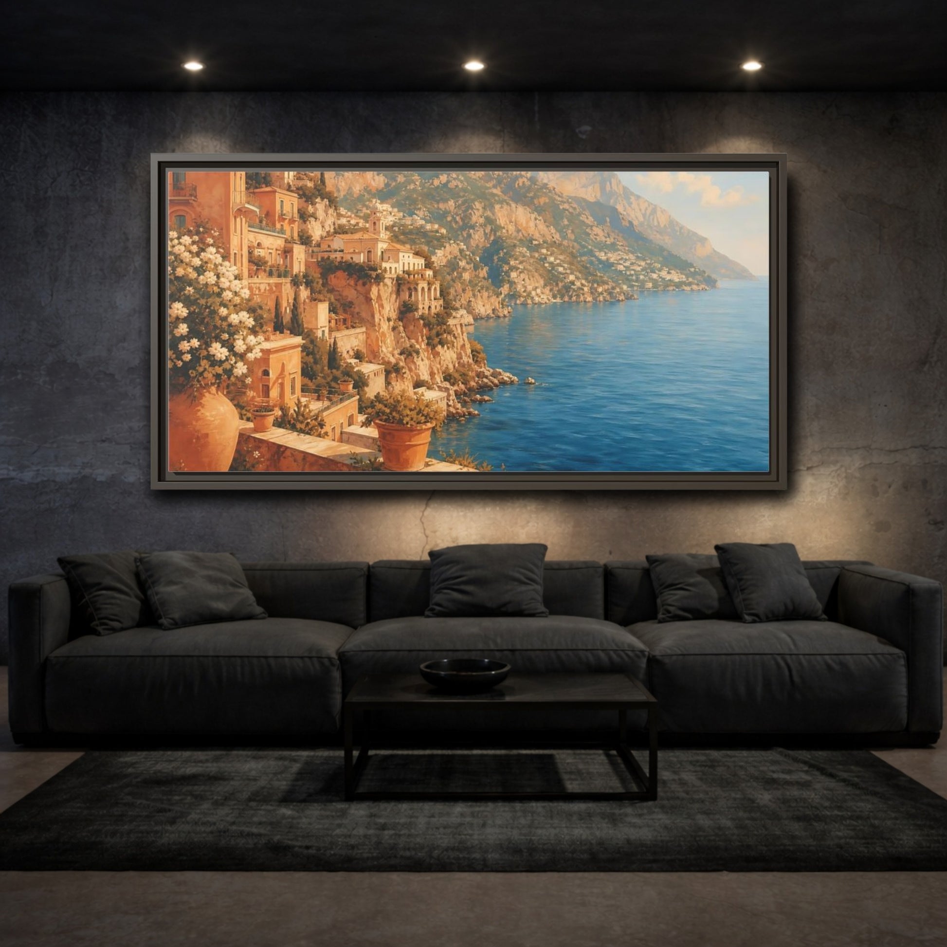 Mockup 3. Mediterranean Cliffside Villa shown as framed canvas print