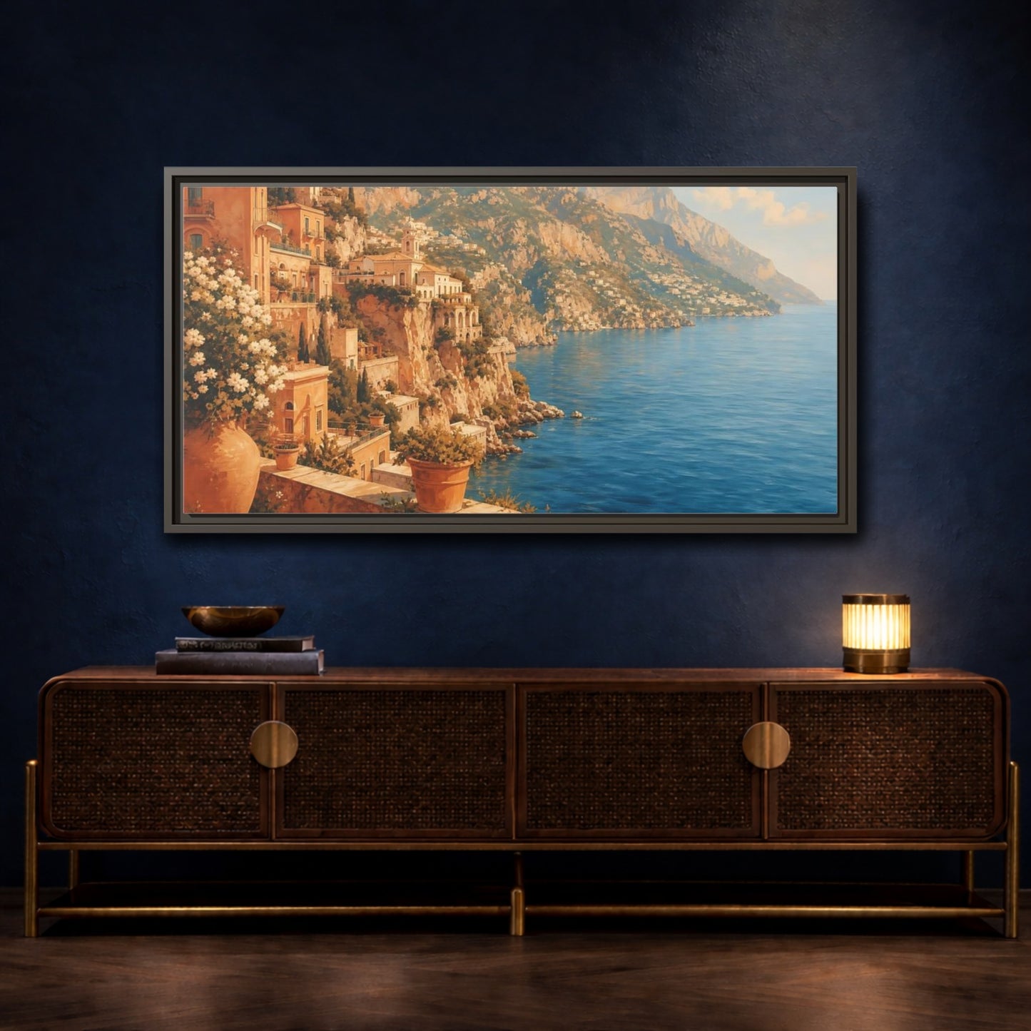 Mockup 4. Mediterranean Cliffside Villa shown as framed canvas print