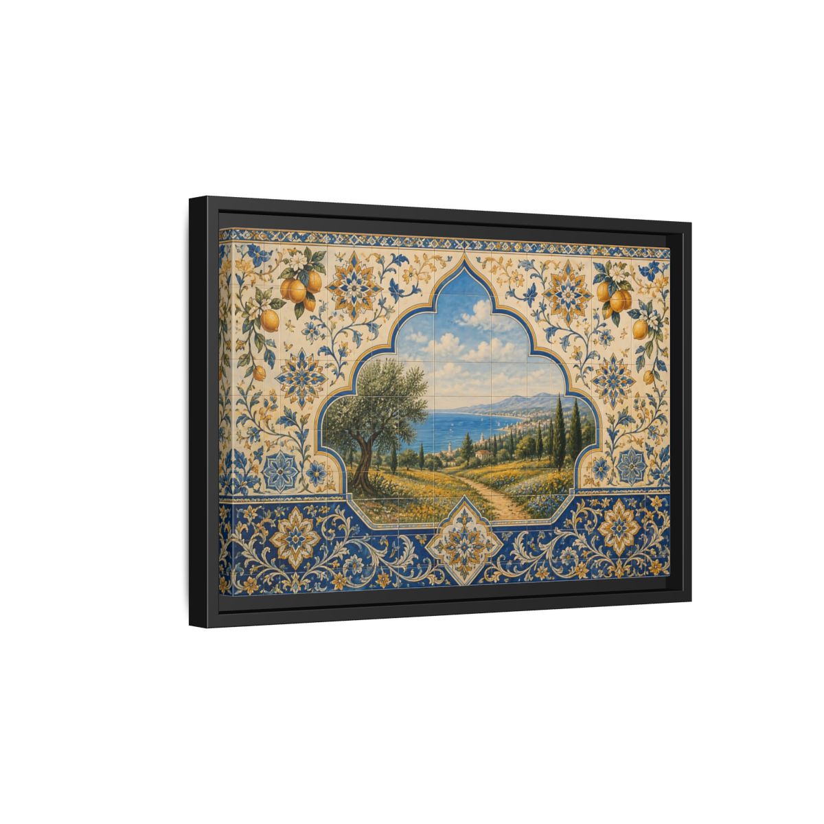 Side Mockup 6. Mediterranean Coastal Tile Mural shown as framed canvas print