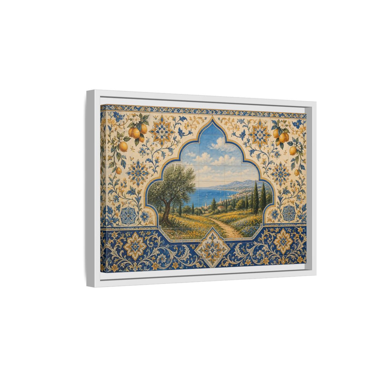 Side Mockup 4. Mediterranean Coastal Tile Mural shown as framed canvas print