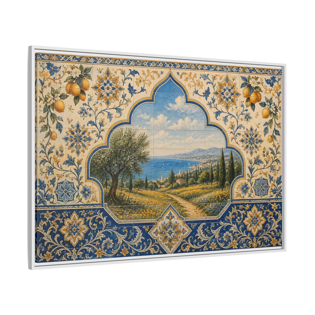 Side Mockup 7. Mediterranean Coastal Tile Mural shown as framed canvas print