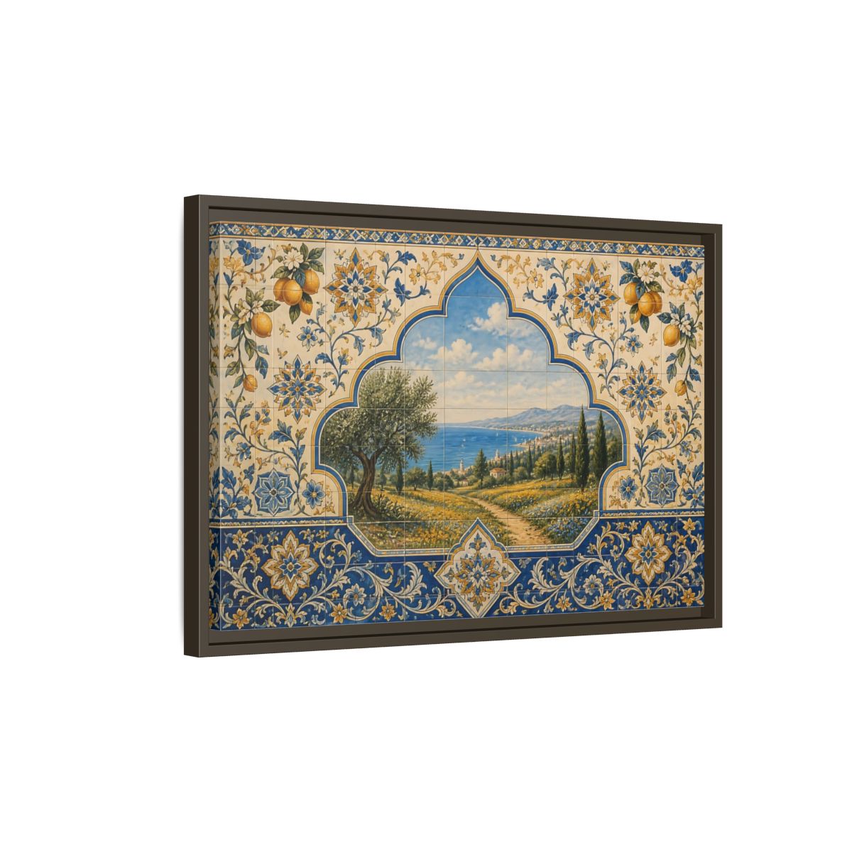 Side Mockup 2. Mediterranean Coastal Tile Mural shown as framed canvas print