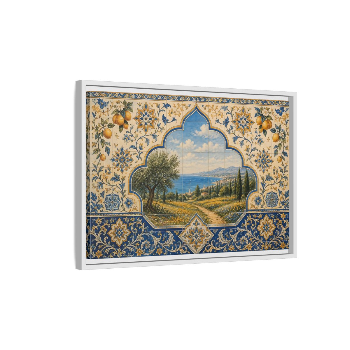 Side Mockup 1. Mediterranean Coastal Tile Mural shown as framed canvas print