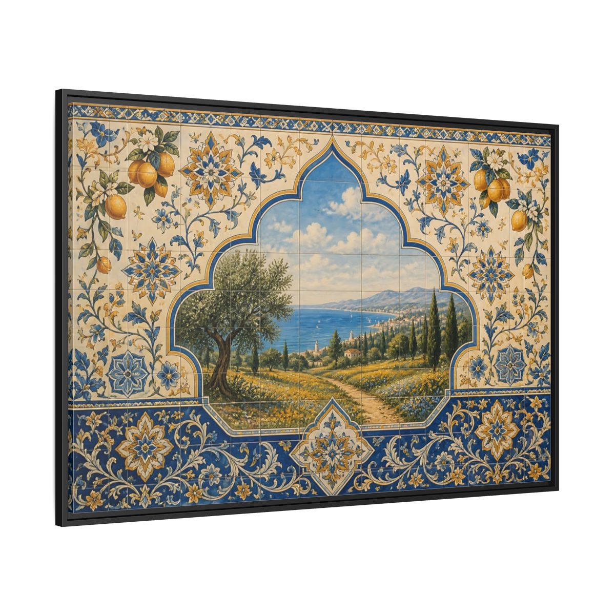 Side Mockup 12. Mediterranean Coastal Tile Mural shown as framed canvas print