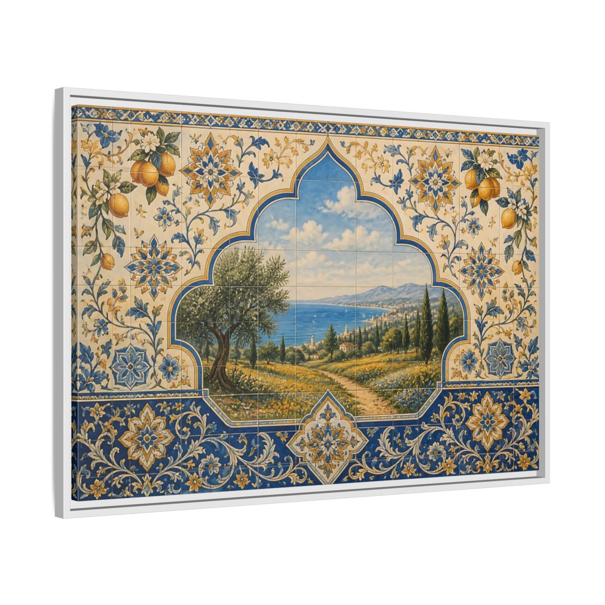 Side Mockup 9. Mediterranean Coastal Tile Mural shown as framed canvas print