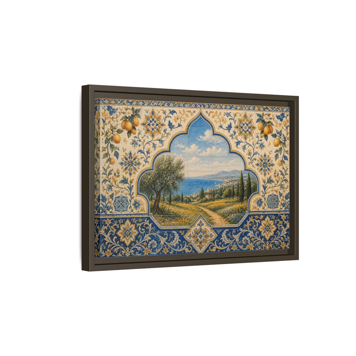 Side Mockup 5. Mediterranean Coastal Tile Mural shown as framed canvas print
