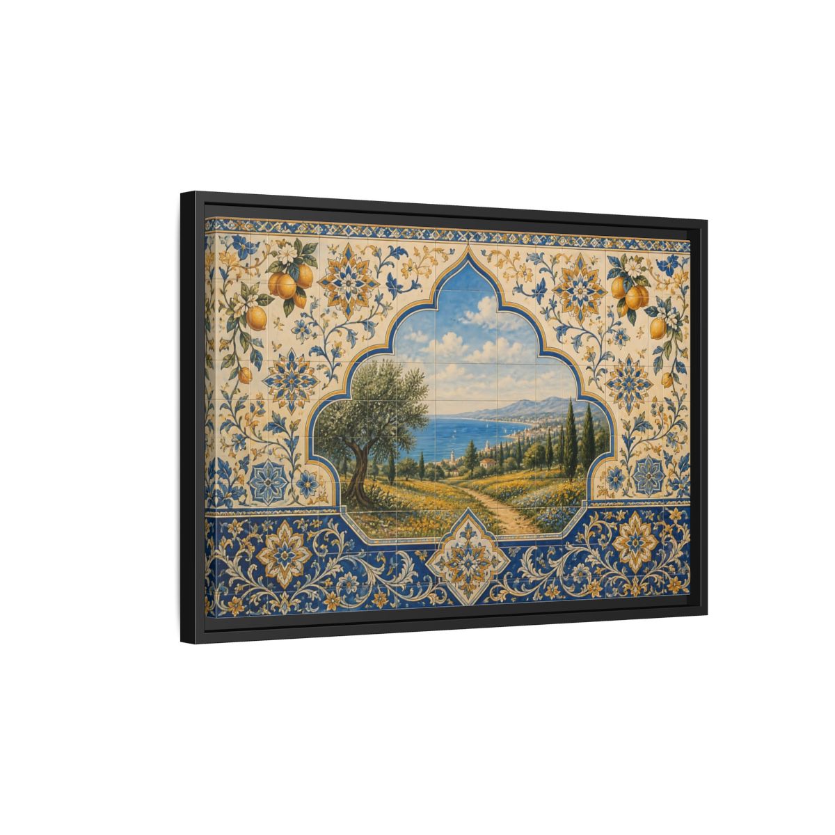 Side Mockup 3. Mediterranean Coastal Tile Mural shown as framed canvas print