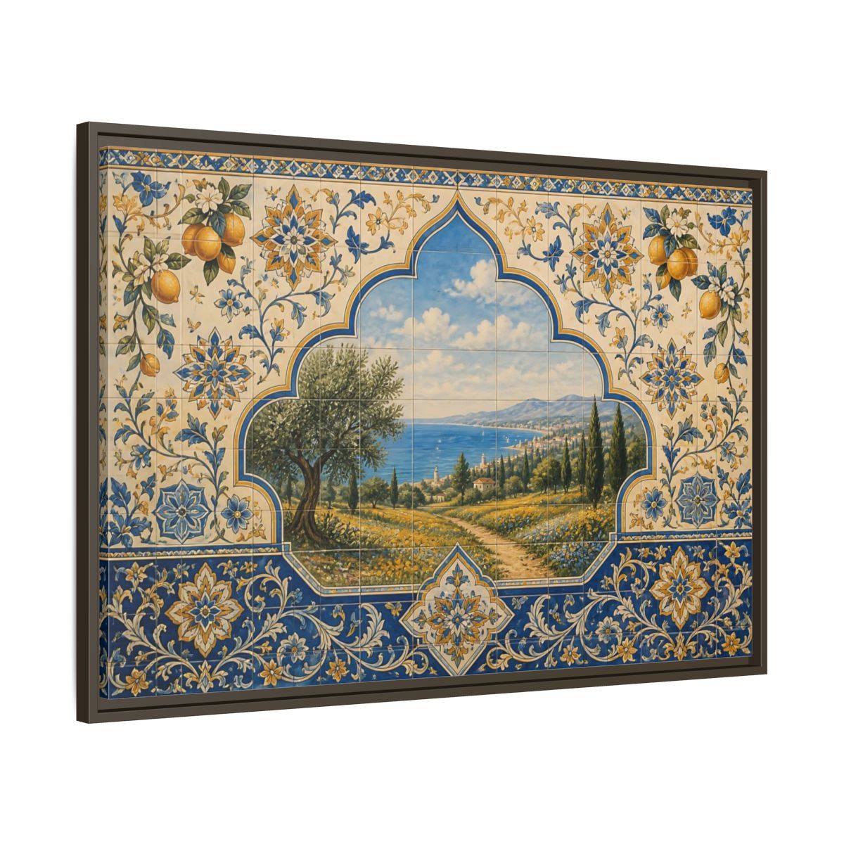 Main Mockup. Mediterranean Coastal Tile Mural shown as framed canvas print