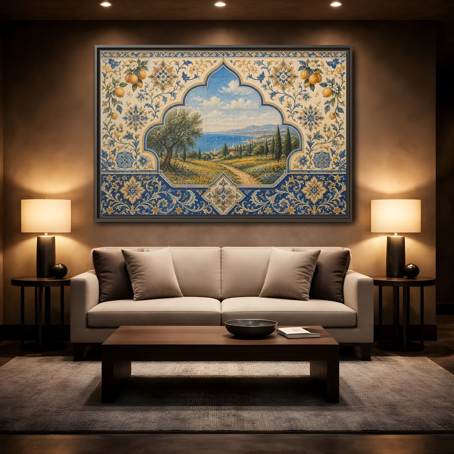 Mockup 2. Mediterranean Coastal Tile Mural shown as framed canvas print