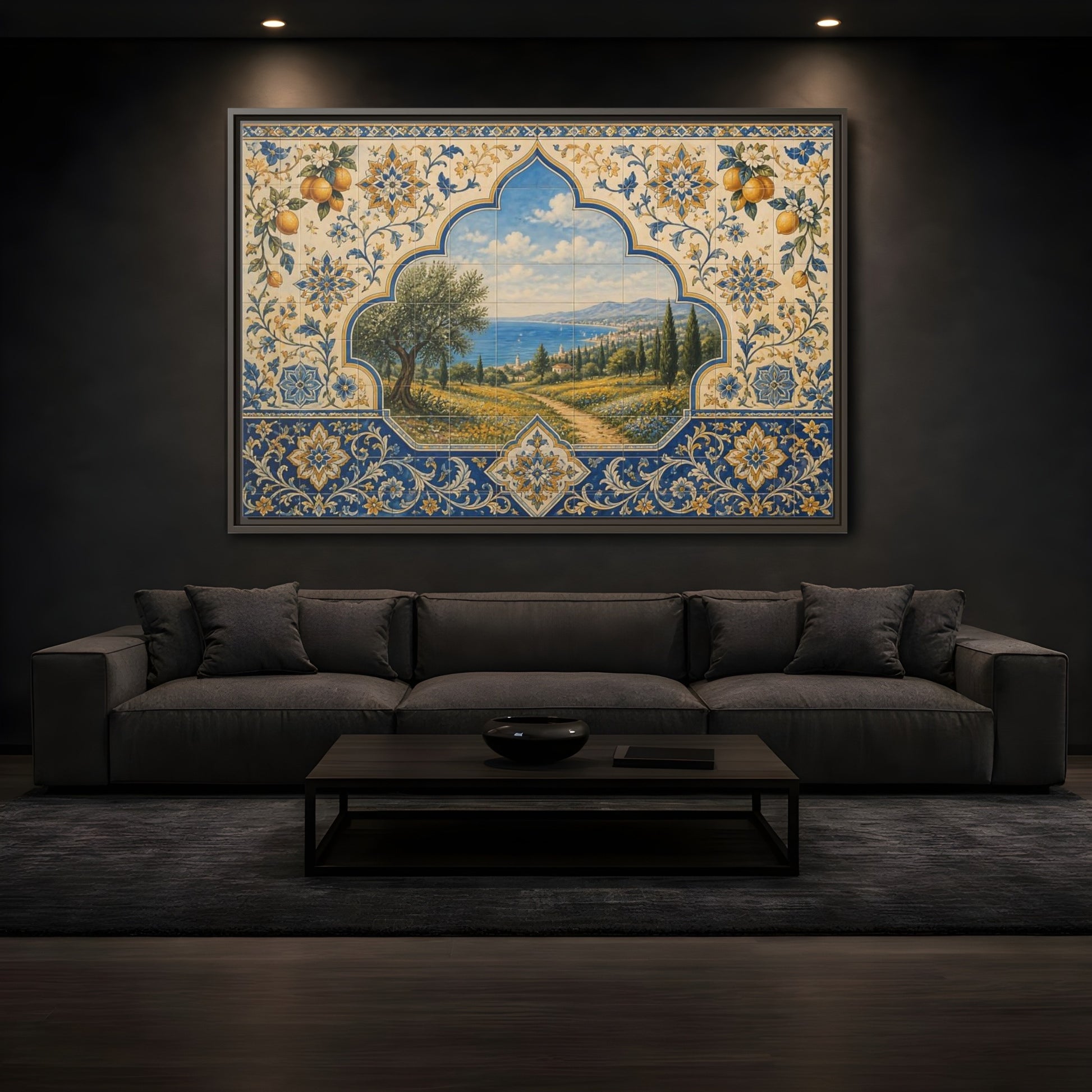 Mockup 3. Mediterranean Coastal Tile Mural shown as framed canvas print