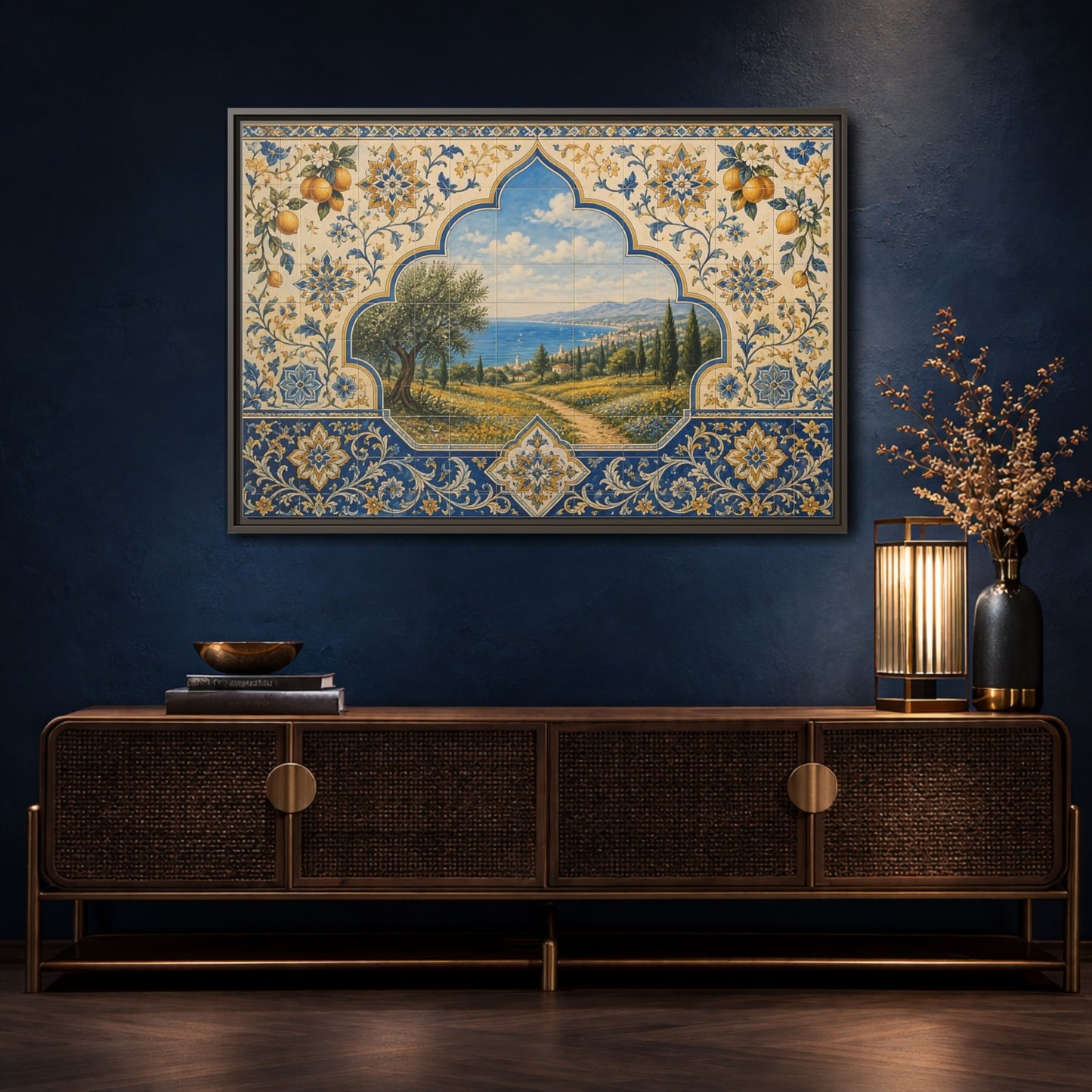 Mockup 4. Mediterranean Coastal Tile Mural shown as framed canvas print