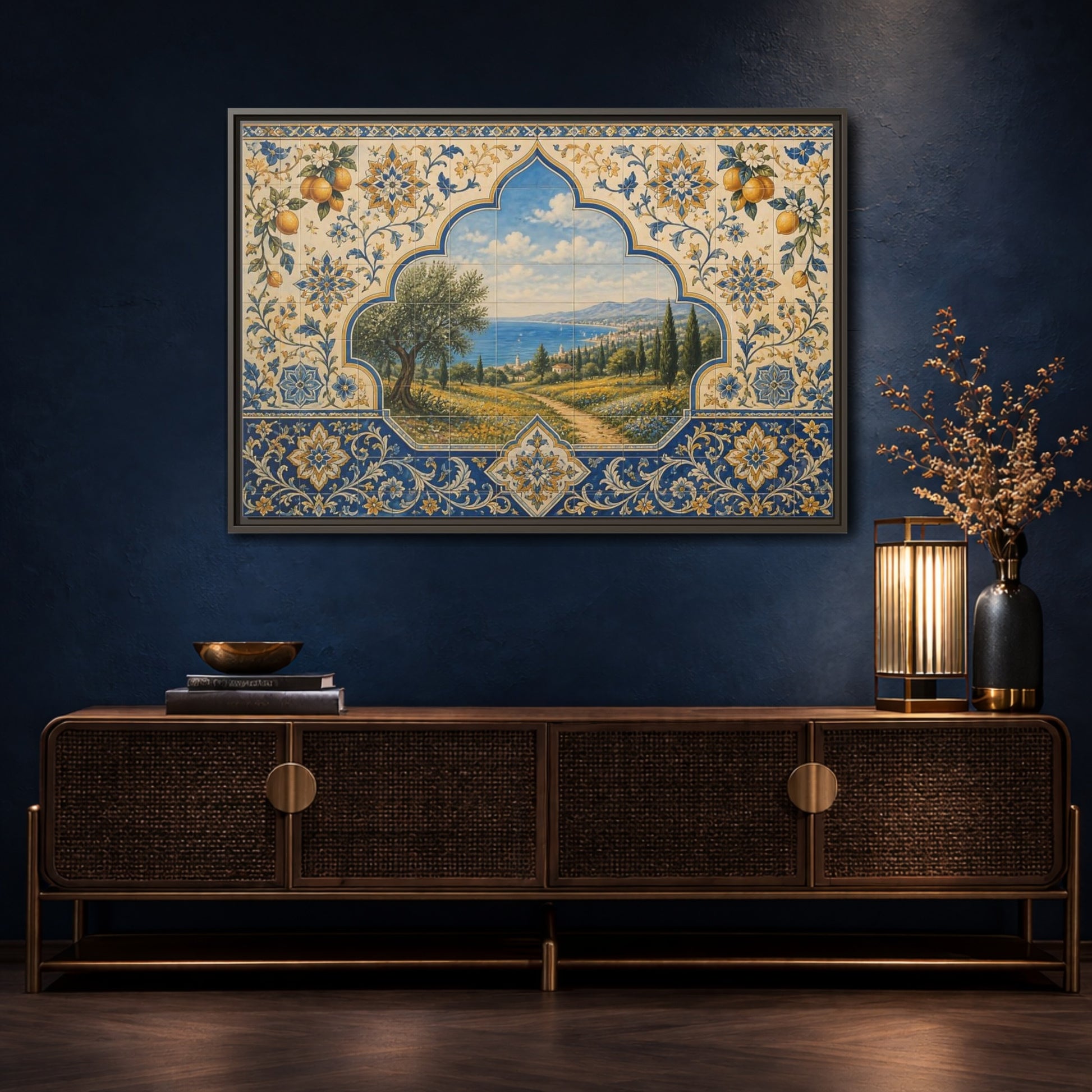 Mockup 4. Mediterranean Coastal Tile Mural shown as framed canvas print