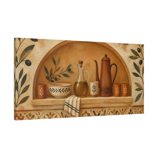 Main Mockup. Mediterranean Kitchen Niche shown as canvas print