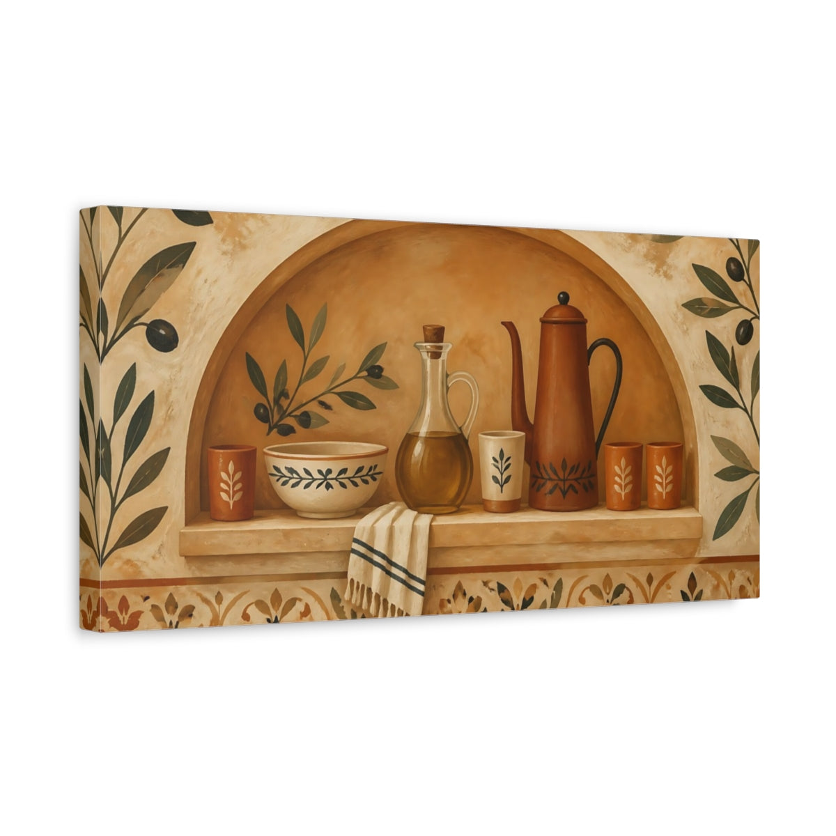 Side Mockup 3. Mediterranean Kitchen Niche shown as canvas print