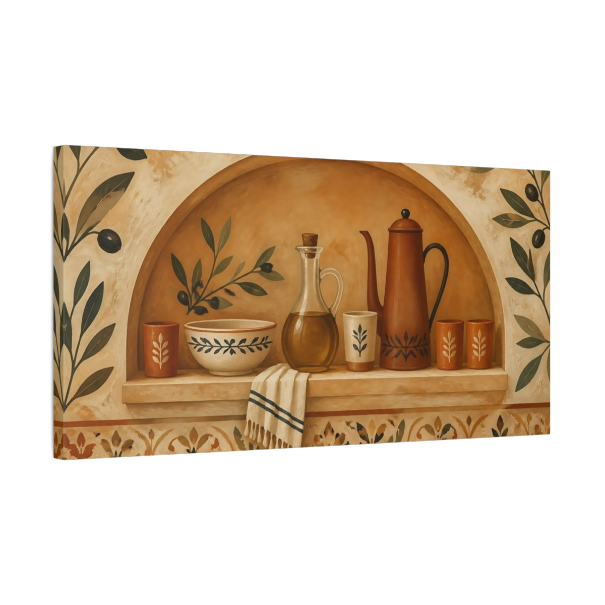 Side Mockup 1. Mediterranean Kitchen Niche shown as canvas print
