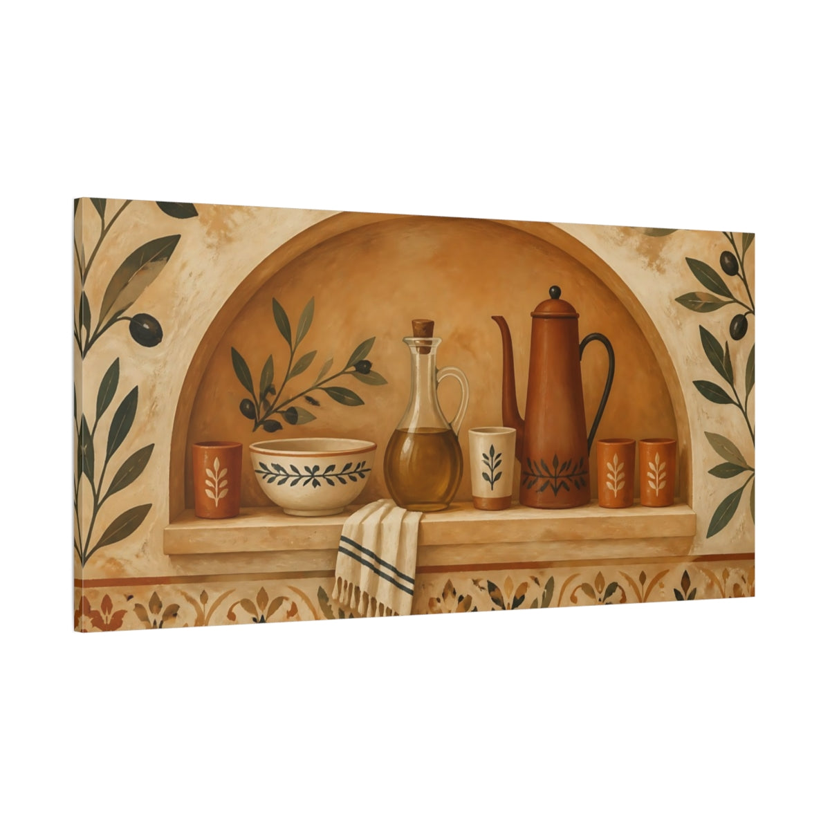 Side Mockup 2. Mediterranean Kitchen Niche shown as canvas print