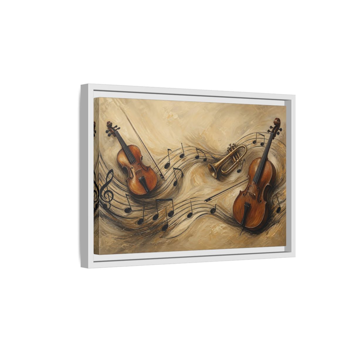 Side Mockup 4. Melodic Violin And Trumpet shown as framed canvas print