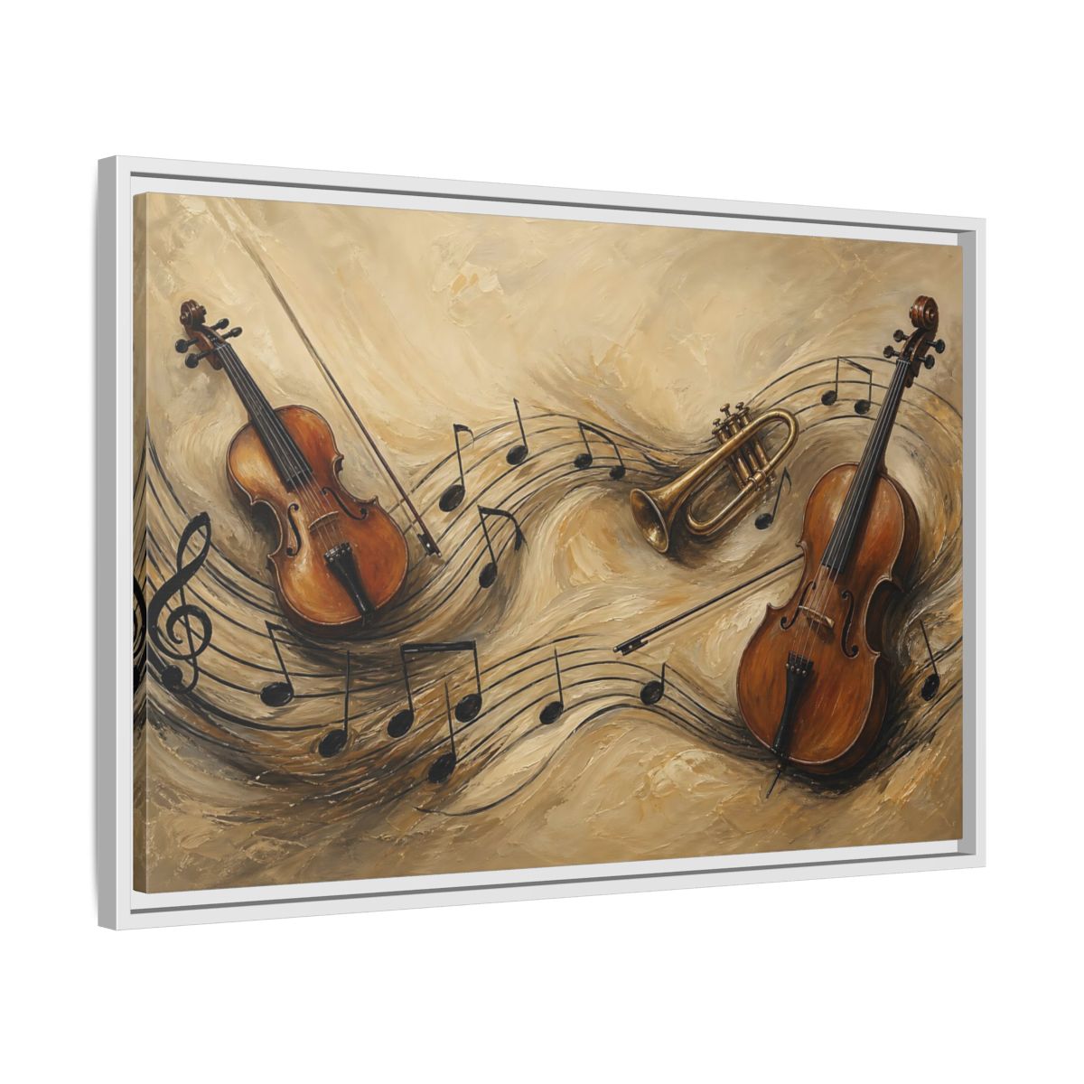 Side Mockup 10. Melodic Violin And Trumpet shown as framed canvas print