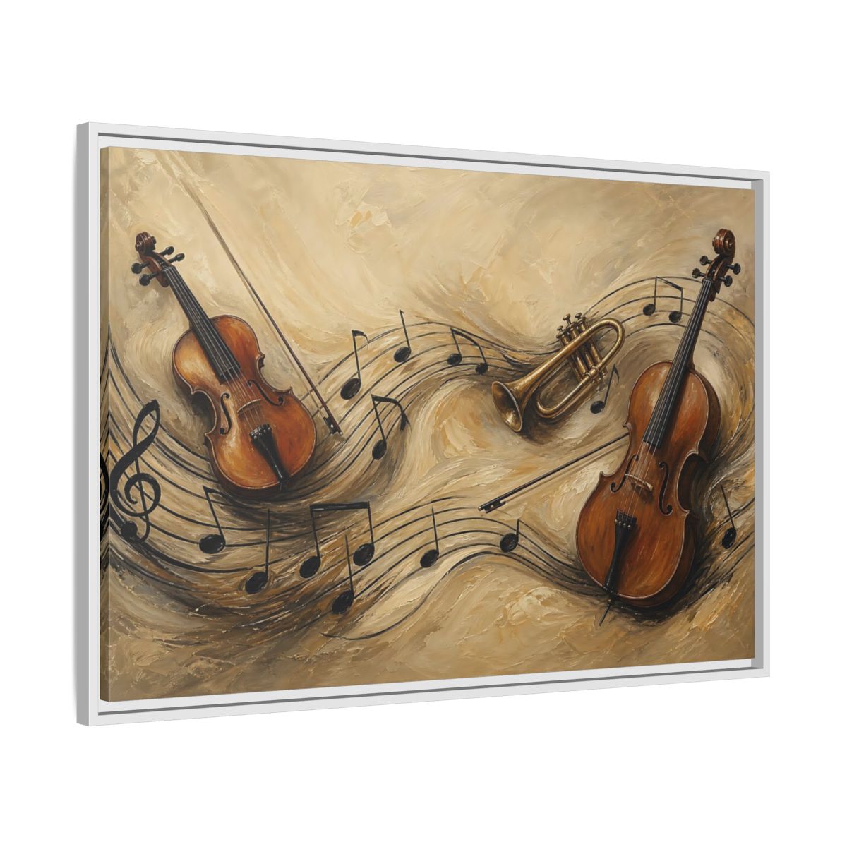 Side Mockup 9. Melodic Violin And Trumpet shown as framed canvas print
