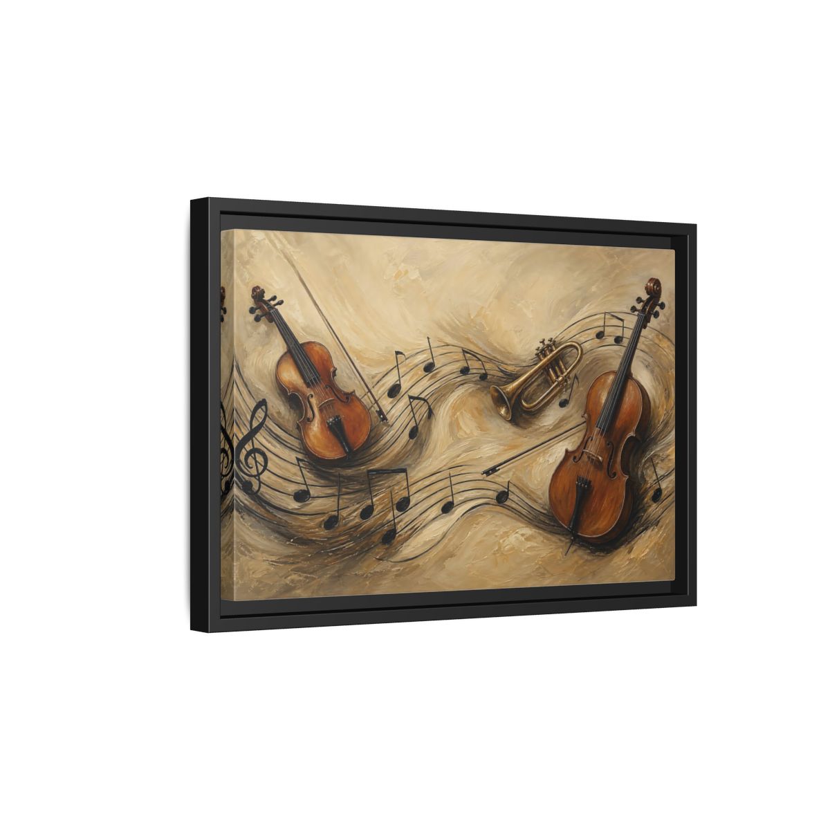 Side Mockup 6. Melodic Violin And Trumpet shown as framed canvas print