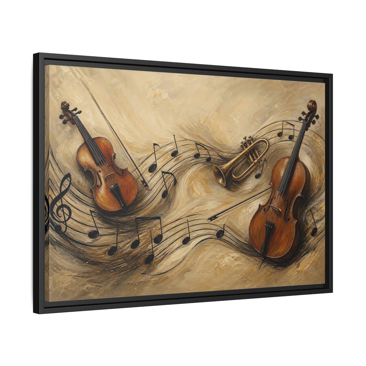 Side Mockup 14. Melodic Violin And Trumpet shown as framed canvas print