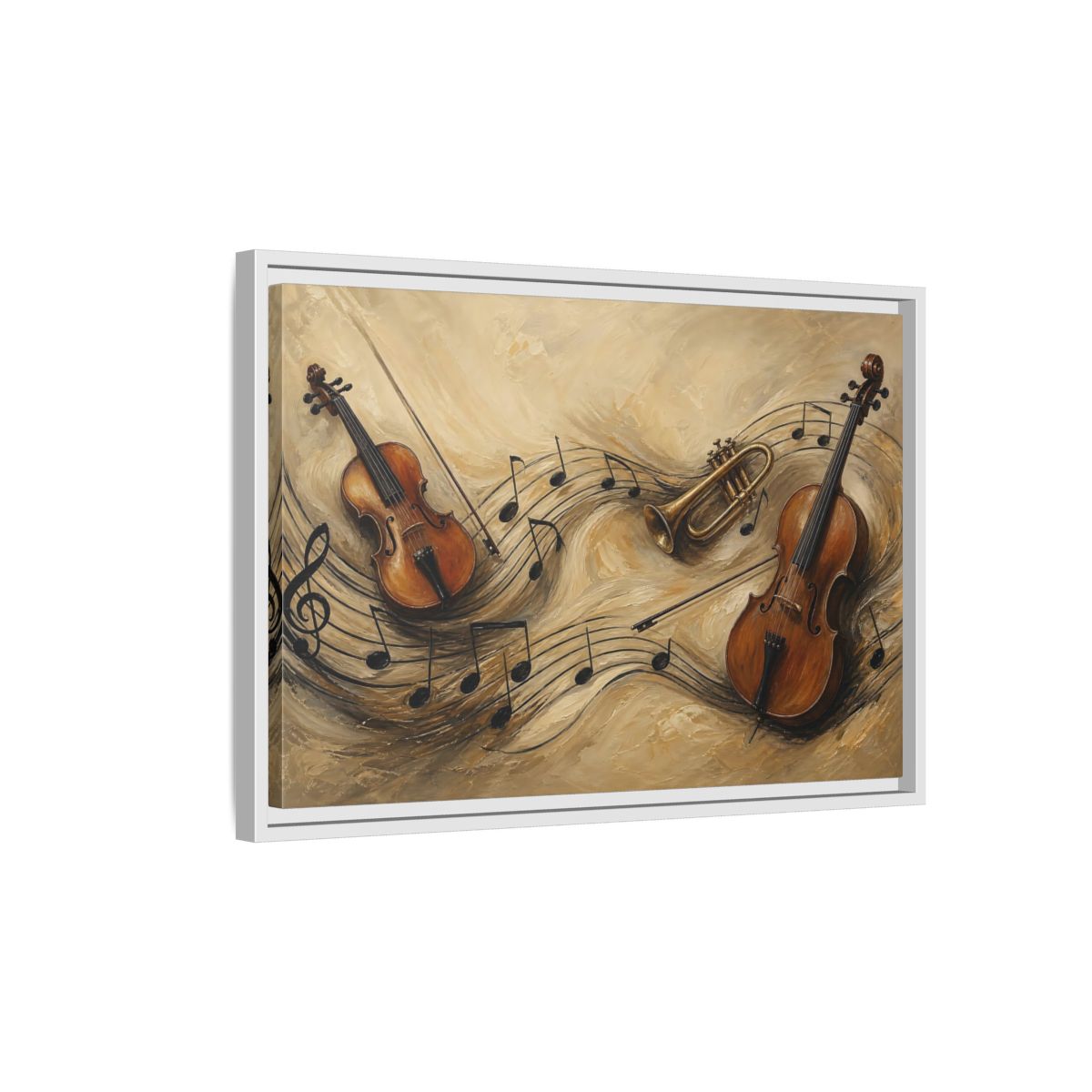 Side Mockup 1. Melodic Violin And Trumpet shown as framed canvas print