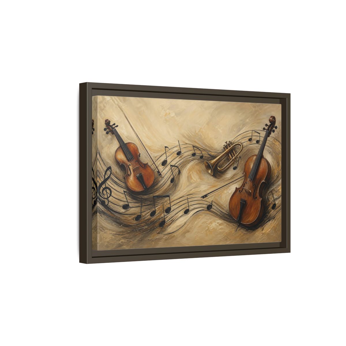 Side Mockup 5. Melodic Violin And Trumpet shown as framed canvas print