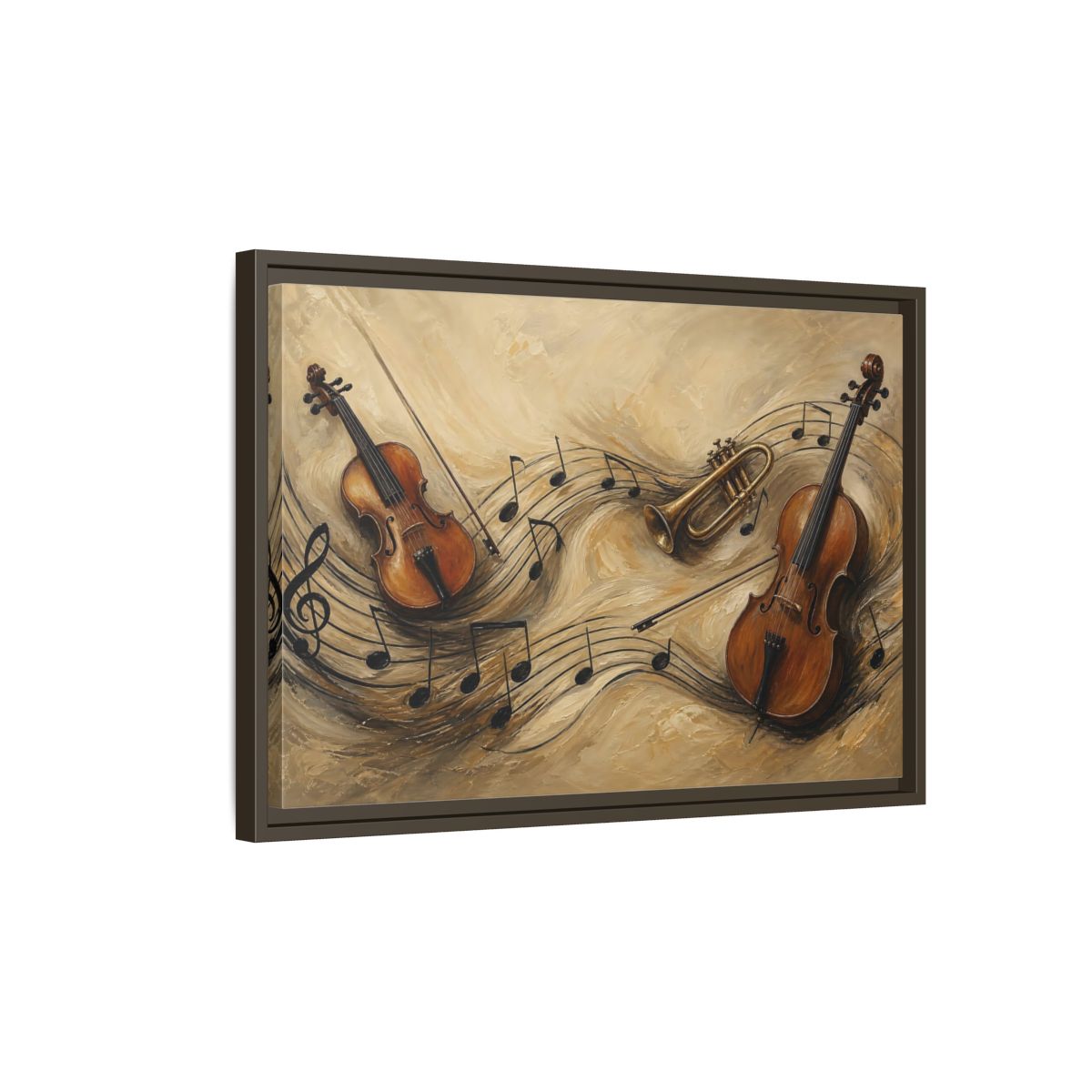 Side Mockup 2. Melodic Violin And Trumpet shown as framed canvas print