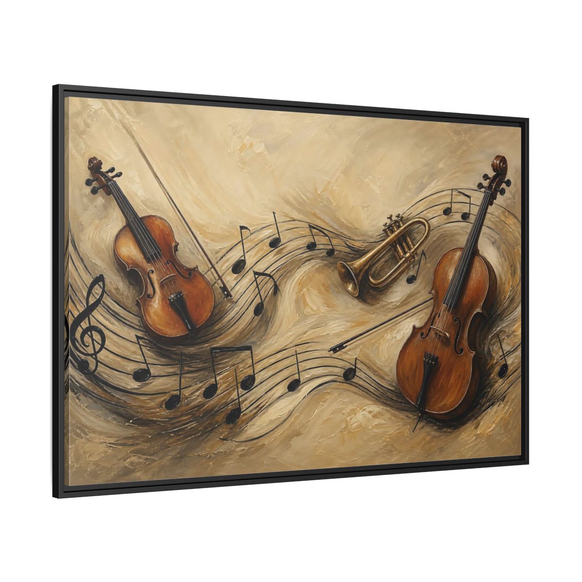 Side Mockup 12. Melodic Violin And Trumpet shown as framed canvas print
