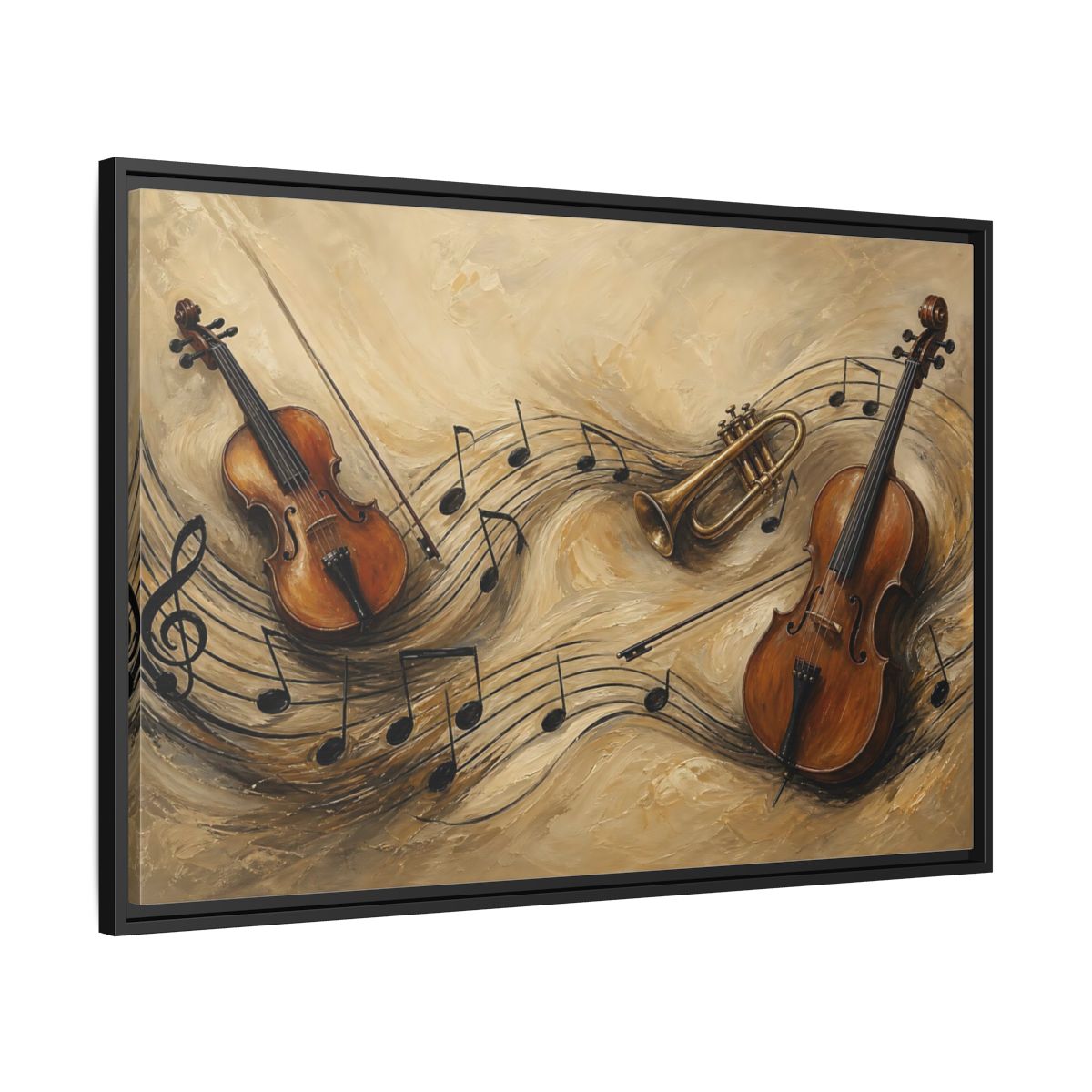 Side Mockup 13. Melodic Violin And Trumpet shown as framed canvas print