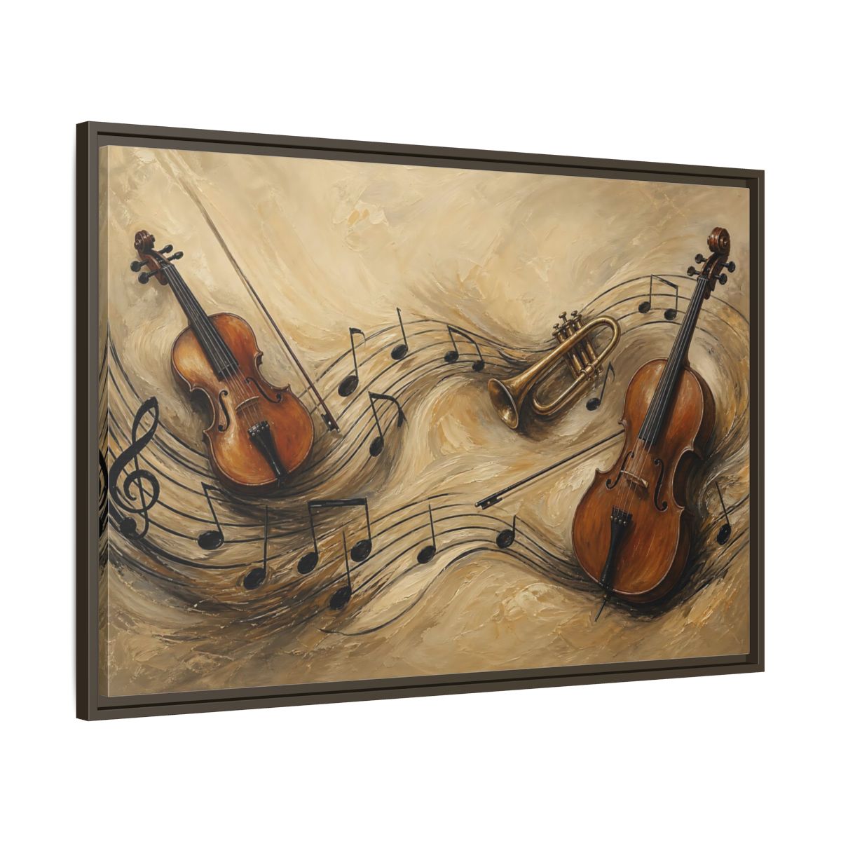 Main Mockup. Melodic Violin And Trumpet shown as framed canvas print