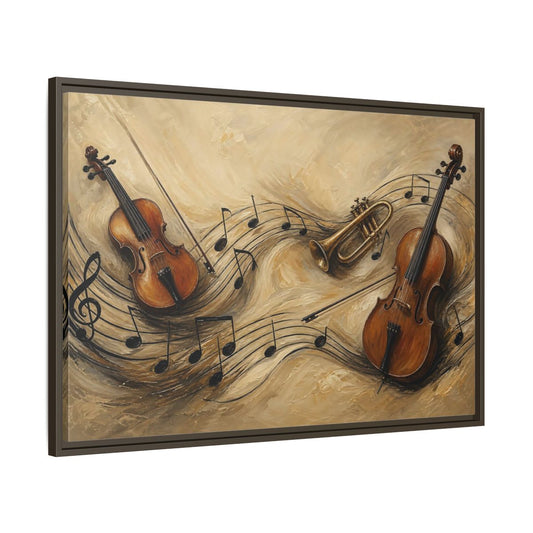 Main Mockup. Melodic Violin And Trumpet shown as framed canvas print