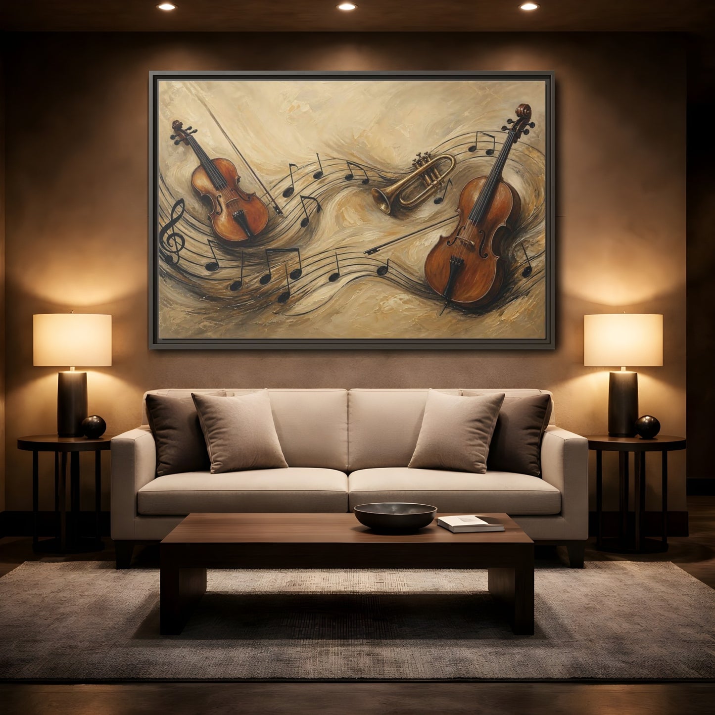 Mockup 2. Melodic Violin And Trumpet shown as framed canvas print