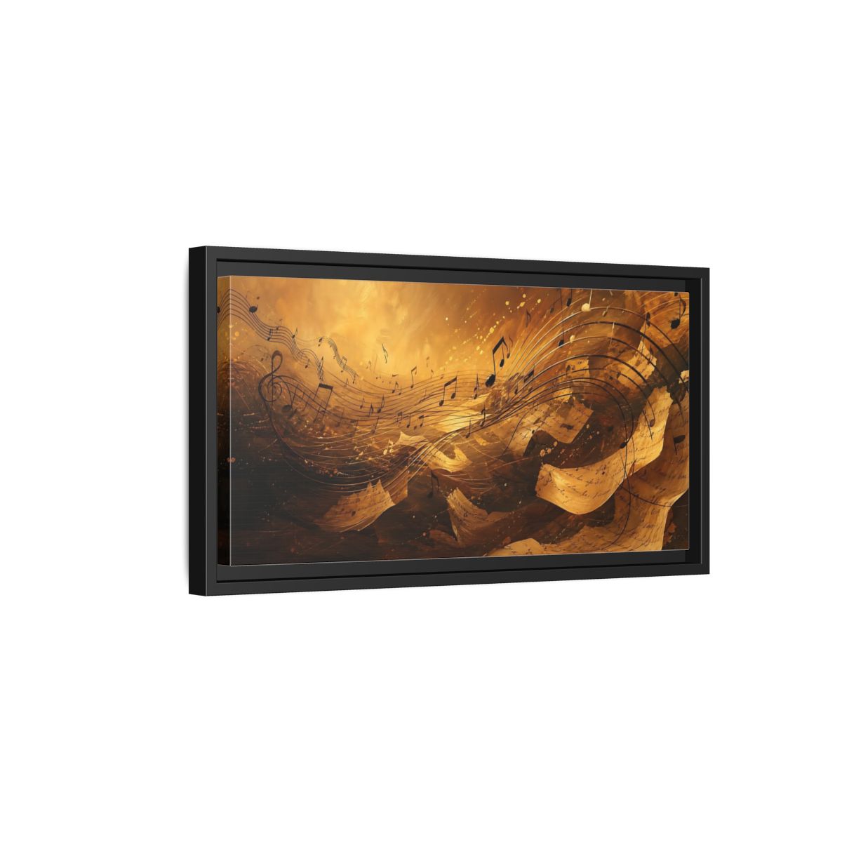 Side Mockup 8. Melody In Gold shown as framed canvas print
