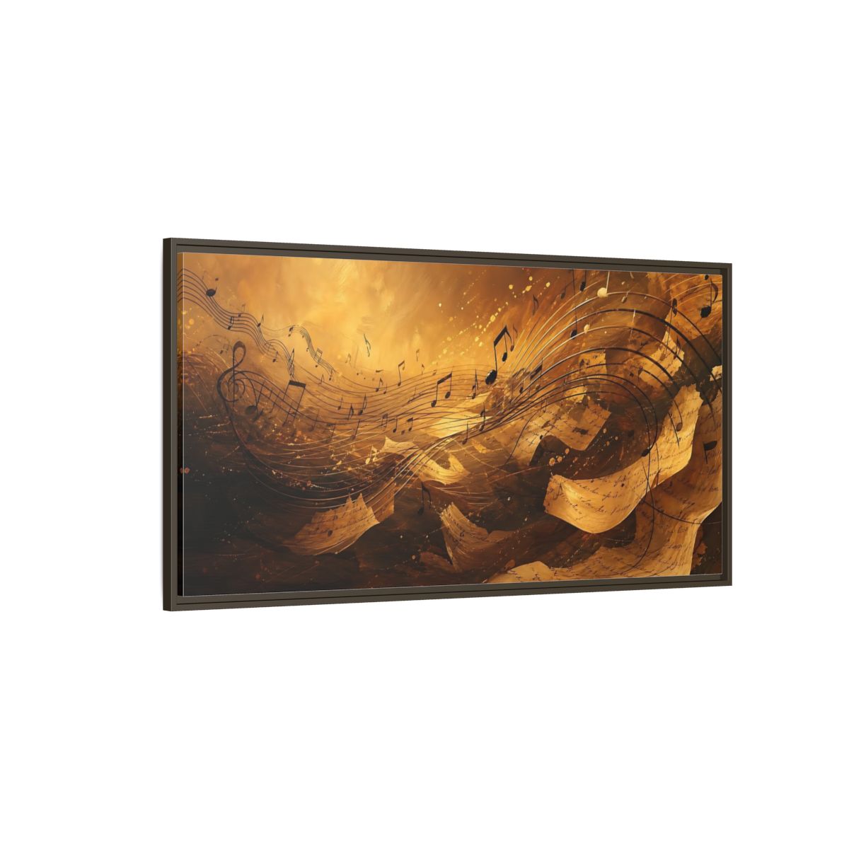 Side Mockup 4. Melody In Gold shown as framed canvas print