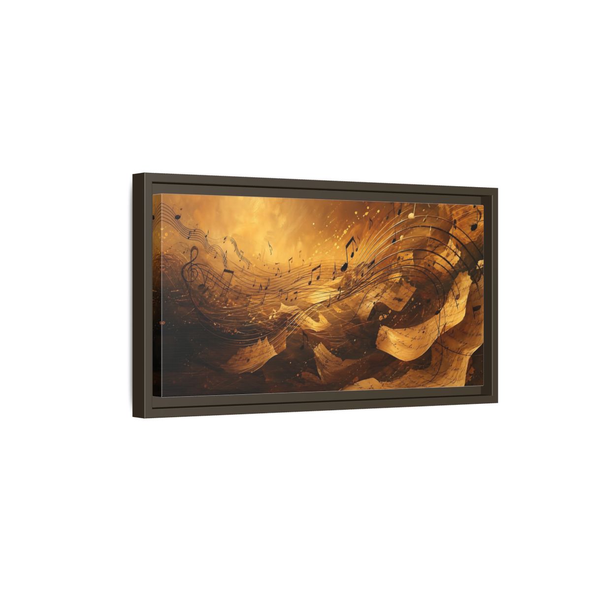 Side Mockup 7. Melody In Gold shown as framed canvas print