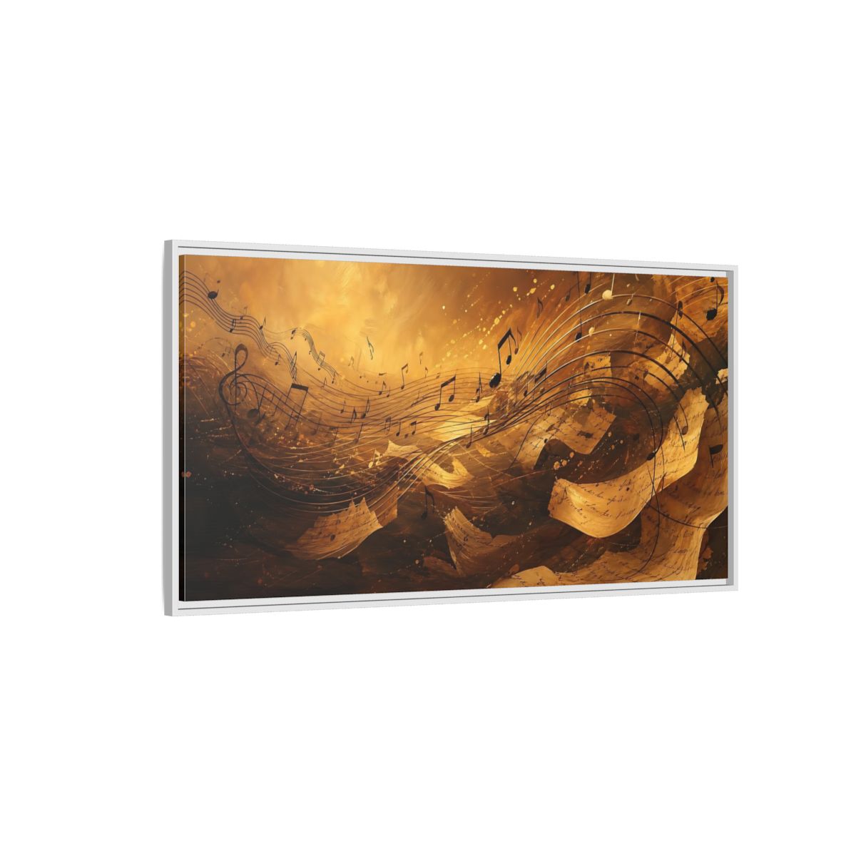 Side Mockup 3. Melody In Gold shown as framed canvas print