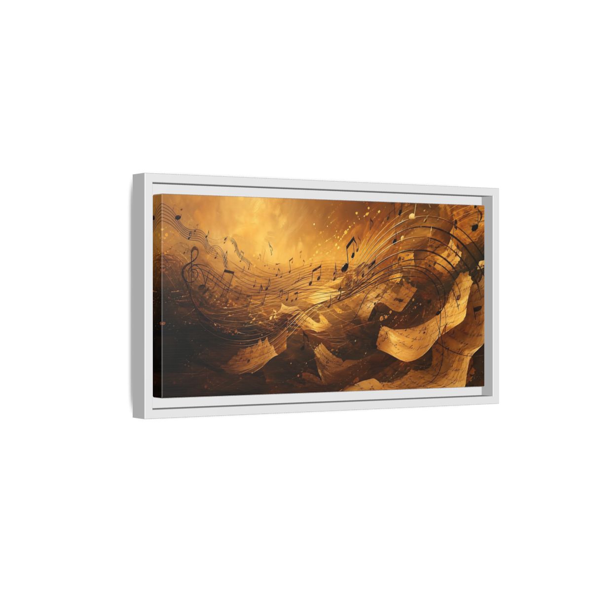 Side Mockup 6. Melody In Gold shown as framed canvas print