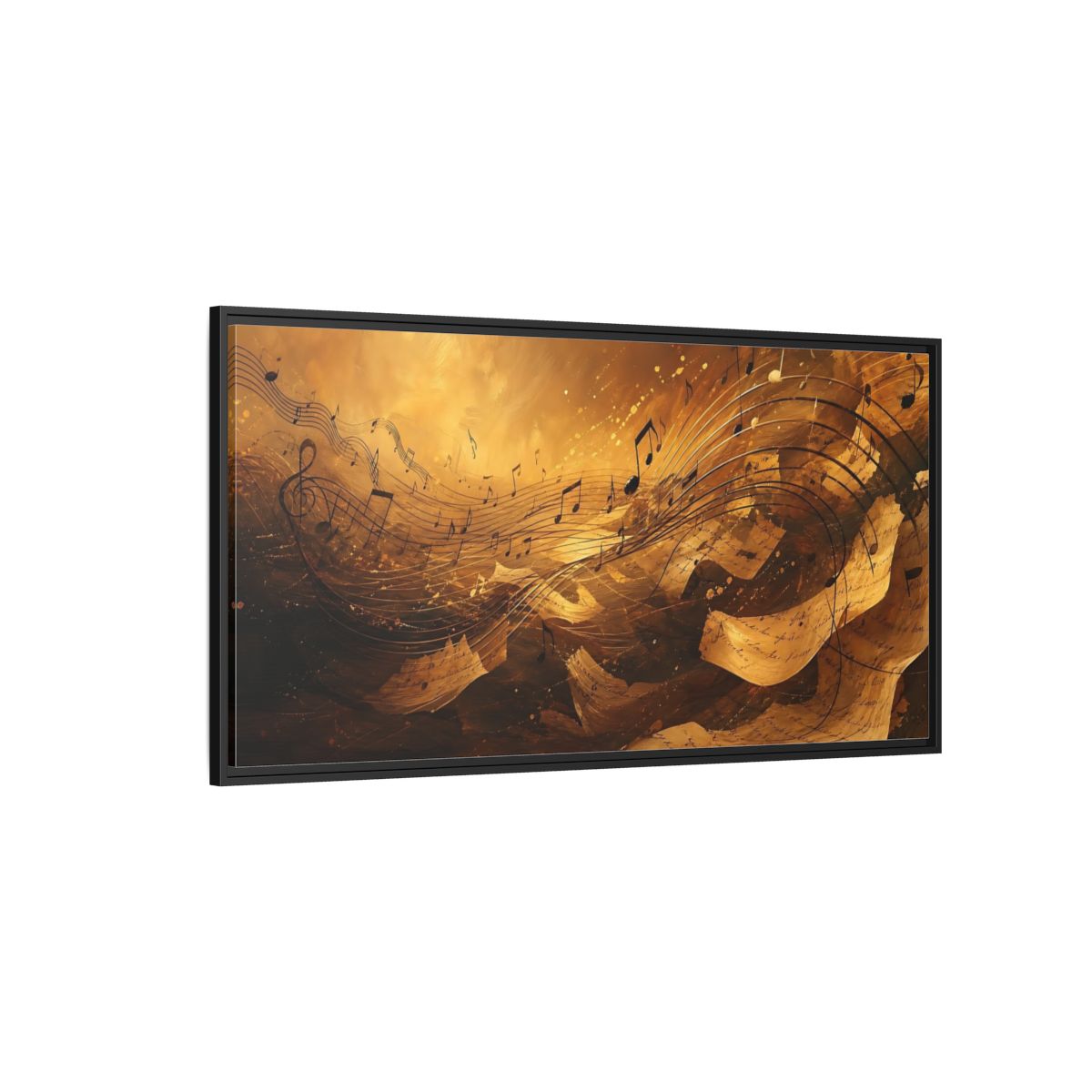 Side Mockup 5. Melody In Gold shown as framed canvas print