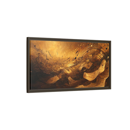 Main Mockup. Melody In Gold shown as framed canvas print